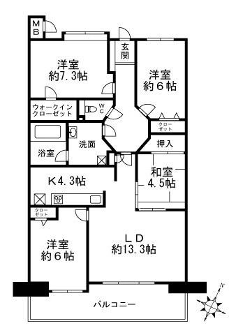 Floor plan. 4LDK, Price 22,200,000 yen, Occupied area 91.63 sq m , Balcony area 15.4 sq m