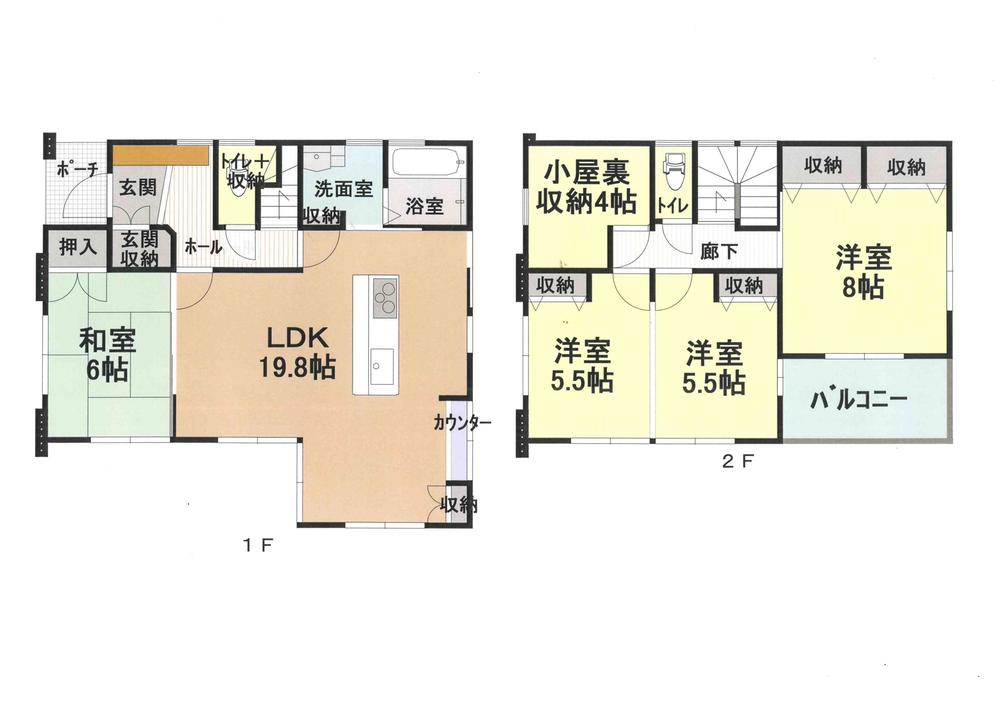 Floor plan. 27.5 million yen, 4LDK + S (storeroom), Land area 123.99 sq m , Island kitchen to LDK of building area 106.81 sq m 19.8 Pledge. All room storage, Entrance ・ toilet ・ Housed in wash room. Furthermore pantry storage, 4 Pledge of attic storage also available, Is one house that promises a convenient and comfortable! 