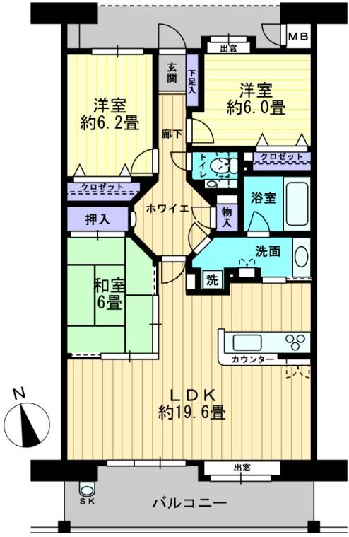 Floor plan. 3LDK, Price 24,800,000 yen, Occupied area 85.74 sq m , There is a balcony area 13.67 sq m all room 6 quires more, LDK is located in spacious about 19.6 Pledge