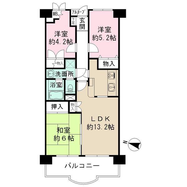 Floor plan. 3LDK, Price 8.2 million yen, Occupied area 64.26 sq m , Balcony area 9.14 sq m