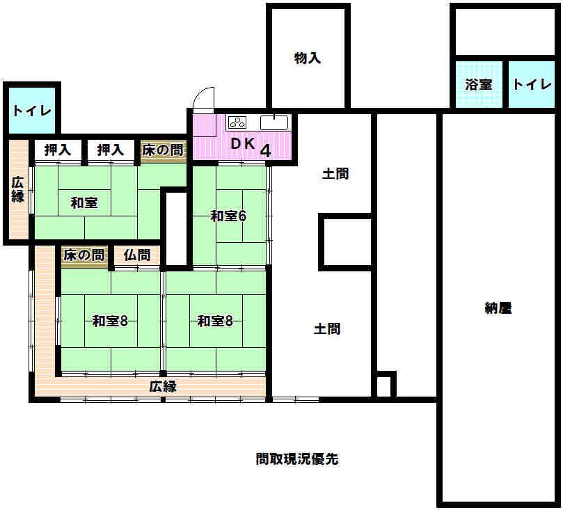 Floor plan. 3.8 million yen, 4DK + S (storeroom), Land area 545.45 sq m , Building area 174.37 sq m one-story Old folk house