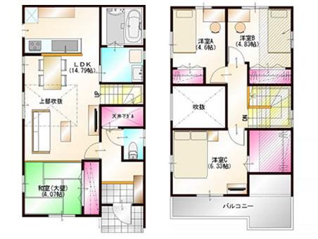 Building plan example / Construction area 52.25 sq m  / 1F floor area 51.25 sq m  / 2F floor area 39.75 sq m  / Total floor area 91.00 sq m (27.52 square meters) / Building reference price 12.1 million yen