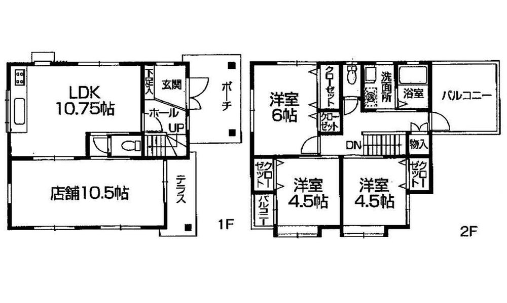 Floor plan. 6.7 million yen, 3LDK, Land area 121.21 sq m , Building area 85.86 sq m 1F  10.5 store  10.75LDK toilet 2F  6 Hiroshi 4.5 Hiroshi 4.5 Hiroshi Wash bathroom     toilet