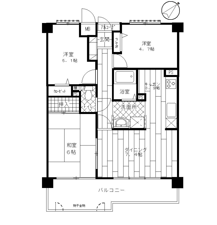 Floor plan. 3DK, Price 8.3 million yen, Footprint 61.4 sq m , Balcony area 12.24 sq m