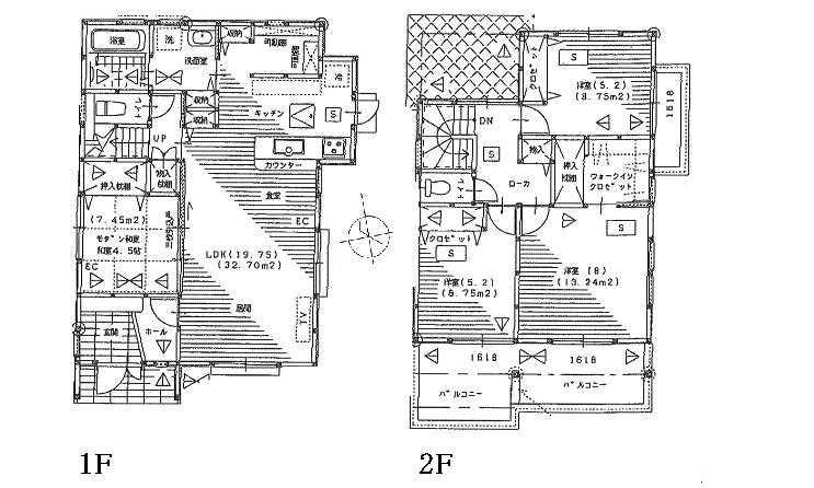 Floor plan. 27.5 million yen, 4LDK, Land area 198.98 sq m , Building area 107.65 sq m 1F  19.75LDK  4.5 sum 2F  8 Hiroshi WCL  5.2 Hiroshi  5.2 Hiroshi