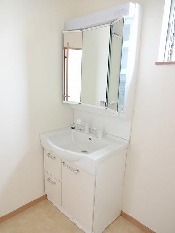 Wash basin, toilet. Vanity triple mirror.