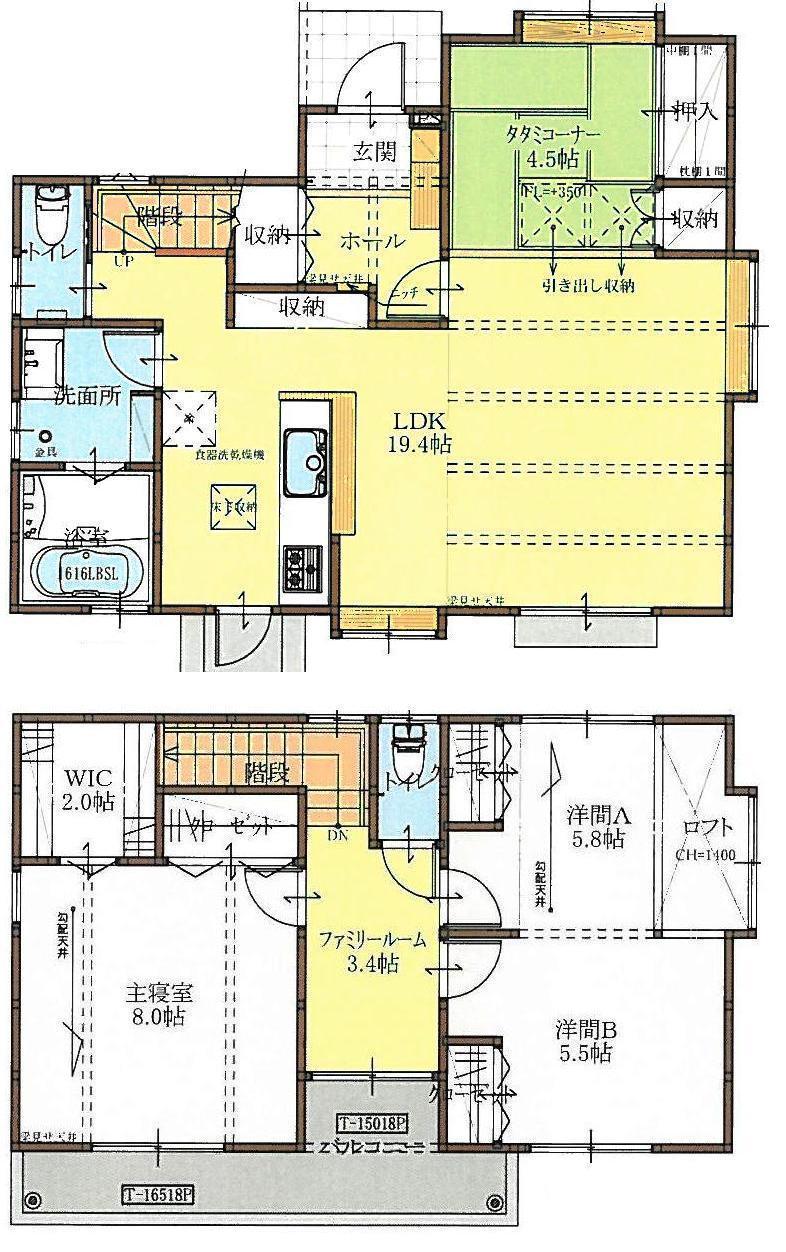 Floor plan. 19,800,000 yen, 4LDK, Land area 176.39 sq m , Building area 107.62 sq m 2008 Built Spacious in LDK19.4 tatami 4LDK is 21.5 million yen Phantom of stucco wall ・ Acoustic aged wood All-electric Solar power system Corner lot