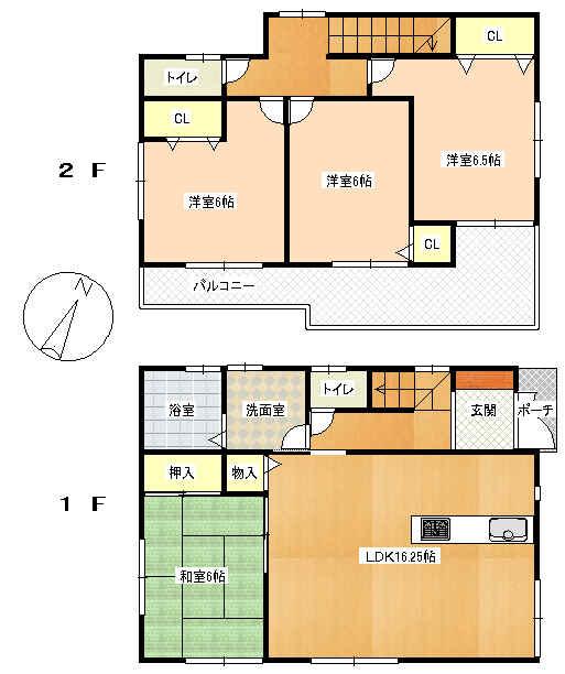 Floor plan. 22,800,000 yen, 4LDK, Land area 143.27 sq m , Building area 95.17 sq m 1F: LDK16.25 Pledge Japanese-style room 6 quires Wash bathroom Toilet 2F: Western-style 6.5 Pledge / 6 Pledge / 6 Pledge toilet