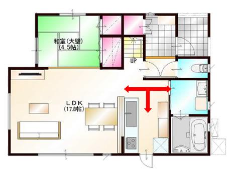 Building plan example (floor plan). Considering the housework flow line, Friendly plan to wife