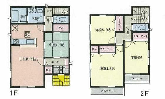 Floor plan. 23.8 million yen, 4LDK, Land area 128.33 sq m , Building area 95.58 sq m 1F 15LDK 4.5 sum 2F 8.5 Hiroshi 6 Hiroshi 5.2 Hiroshi toilet 