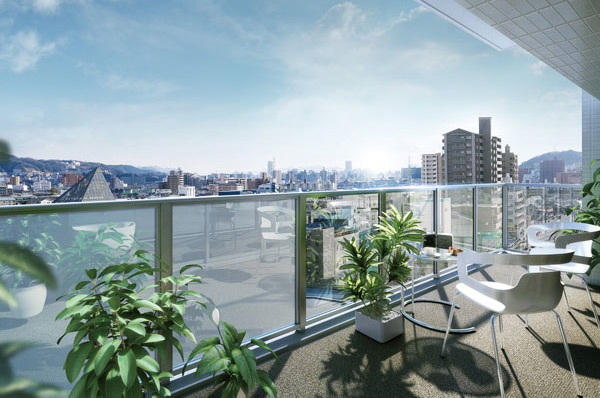 Other. It is also sufficiently enjoy a distant view of Hiroshima city from the upper floors. (In A type balcony Rendering, 9 floor equivalent than shooting of a point distant about 25m from local and by combining the view photographs (January 2013) was, In fact a slightly different.  ※ No glass handrail been adopted in part dwelling unit. )