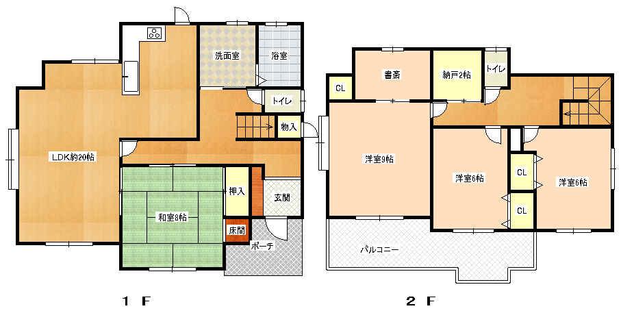 Floor plan. 33,800,000 yen, 5LDK, Land area 240.86 sq m , Building area 140.11 sq m 1F: LDK about 20 Pledge Japanese-style room 8 quires Wash bathroom Toilet 2F: Western-style 9 Pledge / 6 Pledge / 6 Pledge Study 3 Pledge Storeroom 2 Pledge toilet
