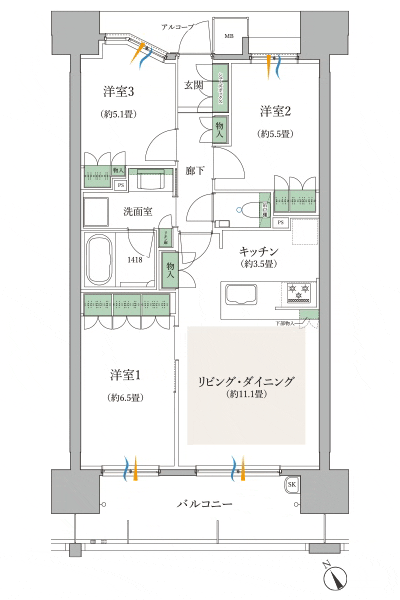 Floor: 3LDK, occupied area: 69.21 sq m, Price: 27,987,368 yen ~ 29,735,939 yen
