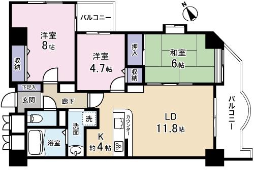 Floor plan. 3LDK, Price 16.8 million yen, Occupied area 74.32 sq m , Balcony area 14.18 sq m LDK14.8 Pledge Japanese-style room 6 quires Western-style 8 pledge / 4.7 Pledge