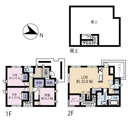 Floor plan. 31,800,000 yen, 3LDK + S (storeroom), Land area 171.96 sq m , Building area 105.98 sq m LDK20.8 Pledge, Hiroshi 6.5 Pledge, Hiroshi 5.75 Pledge, Hiroshi 5.75 Pledge