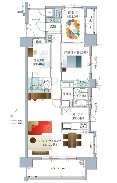 [Model room plan] D-type menu plan (free of charge ・ Deadline Yes) ・ 3LDK Occupied area / 80.29 sq m  Balcony area / 21.95 sq m porch area / 6.47 sq m