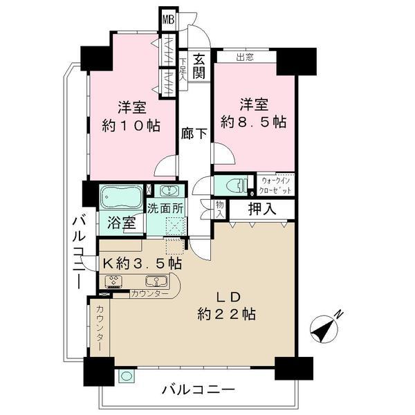 Floor plan. 2LDK, Price 30 million yen, Occupied area 93.38 sq m , Balcony area 22.59 sq m