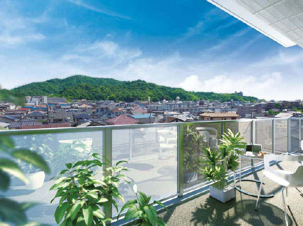 balcony ・ terrace ・ Private garden.  [5 floor dwelling unit glass screen of a balcony that has been adopted to (6 House)] Balcony side of the sash of this 6 House adopts high sash of 2.2m. Living ceiling height is also 2.8m, You can enjoy an open life in the high size.  ※ local, On the fifth floor equivalent than was taken in July 2013 view photo which was the CG processing the balcony Rendering, In fact a slightly different.