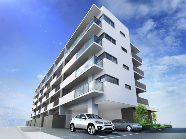 Shared facilities.  [Exterior - Rendering] Zenteiminami facing bright living space. Adopt a glass handrail and grating also on the balcony taking in light. Chic design with a white and brown tones is makes you feel proud figure with a higher quality. Appearance of calm appropriate in a quiet residential area would be to blend in this town.