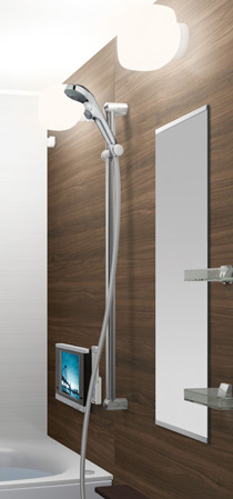 Bathing-wash room.  [Slide bar] Slide bar that can be freely adjusted to suit the people who use the height of the shower. Even while standing, Sit down you can use the shower at just the right height even. (Same specifications)