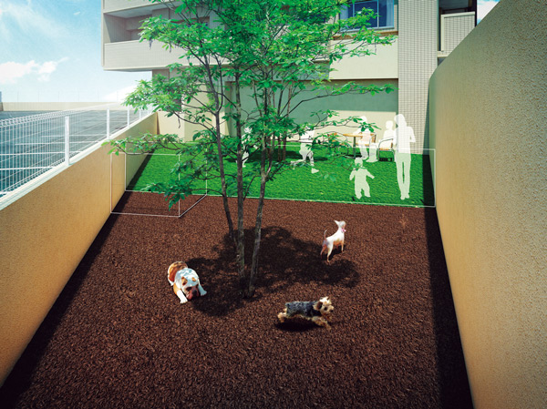 Buildings and facilities. Oasis of open terrace are live people symbol tree planted. Also spread wheel of the community. Also, Pet playground, Dog Garden also features on-site. You can Asobaseru the pet with confidence because it is on site. It is also useful when you do not go to slowly walk to the outside. (Open terrace ・ Dog Garden Rendering)
