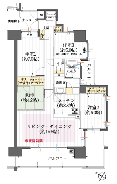Floor: 4LDK (5~15th floor), 3LDK+S(2~4th floor), the occupied area: 90 sq m, price: 46 million yen ~ 49,730,000 yen