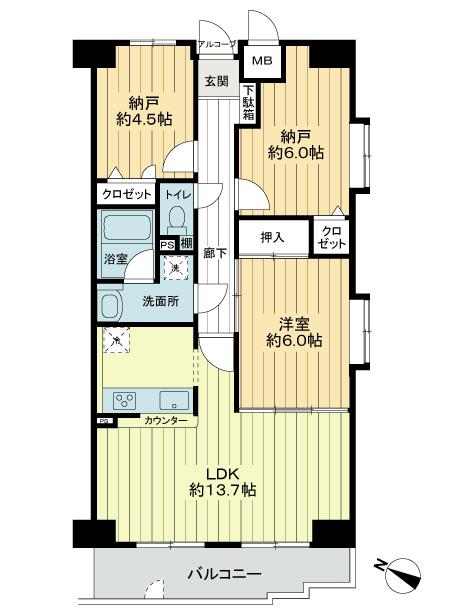 Floor plan. 1LDK + 2S (storeroom), Price 17.8 million yen, Occupied area 67.84 sq m , Balcony area 7.8 sq m floor plan