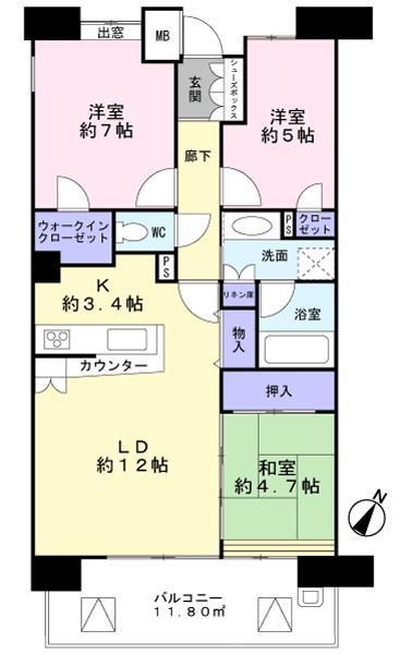 Floor plan. 3LDK, Price 21,200,000 yen, Occupied area 72.11 sq m , Balcony area 11.8 sq m