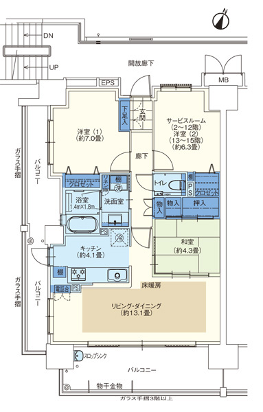 ■ A type 2LDK + S (2 ~ 12th floor) ・ 3LDK (13 ~ 15th floor) footprint / 76.17 sq m  Balcony area / 25.65 sq m