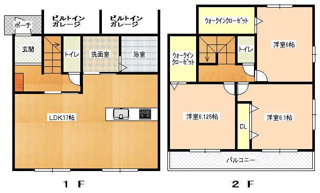 Floor plan. 31.5 million yen, 3LDK, Land area 102.68 sq m , Building area 95.65 sq m 1F: LDK17 Pledge Wash bathroom Toilet 2F: Western-style 6.125 Pledge / 6.1 Pledge / 6 Pledge WIC toilet