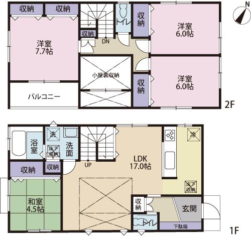 Floor plan. 40,800,000 yen, 4LDK + S (storeroom), Land area 106.25 sq m , Building area 106.82 sq m LDK17 Pledgeese-style room 4.5 Pledge, Hiroshi 7.7 Pledge, Hiroshi 6 Pledge, Hiroshi 6 Pledge