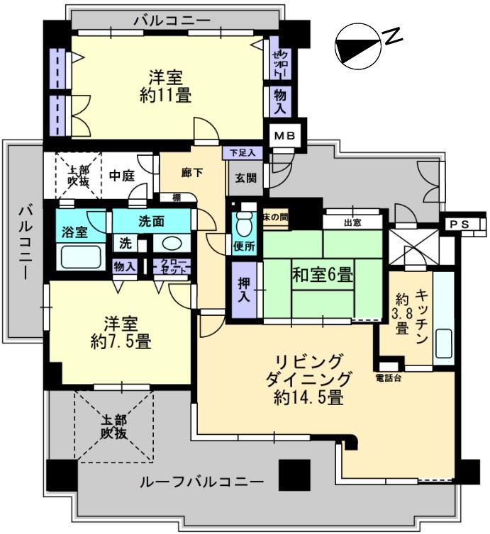 Floor plan. 3LDK, Price 29,800,000 yen, Occupied area 95.04 sq m , Is a floor plan with a balcony area 11.74 sq m and airy