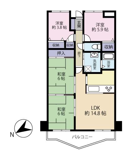 Floor plan. 4LDK, Price 17,900,000 yen, Footprint 79.3 sq m , Balcony area 9.25 sq m LDK14.8 Pledgeese-style room 6 quiresese-style room 6 quires, Hiroshi 5.9 Pledge, Hiroshi 3.8 Pledge