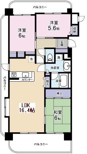 Floor plan. 3LDK, Price 23.8 million yen, Footprint 75.1 sq m , Balcony area 31.69 sq m LDK16.4 Pledge Japanese-style room 6 quires Western-style 6 Pledge / 5.6 Pledge Facing the whole room balcony.
