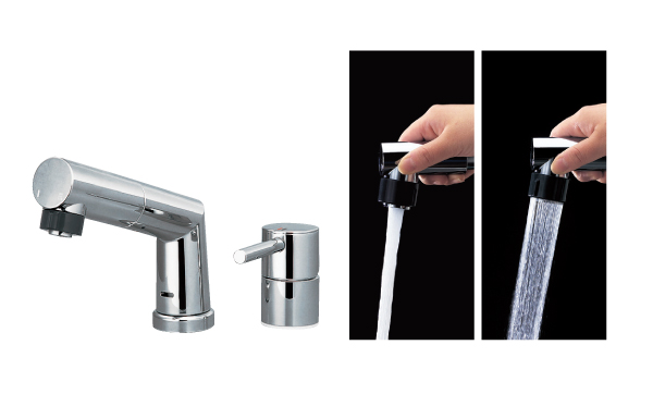 Bathing-wash room.  [Lift-type single-lever shower mixing faucet] Adopted a lift expression that draw, Possible shampoo in the washbasin. Water spouting can two-stage switching of water conditioner and shower. (Same specifications)