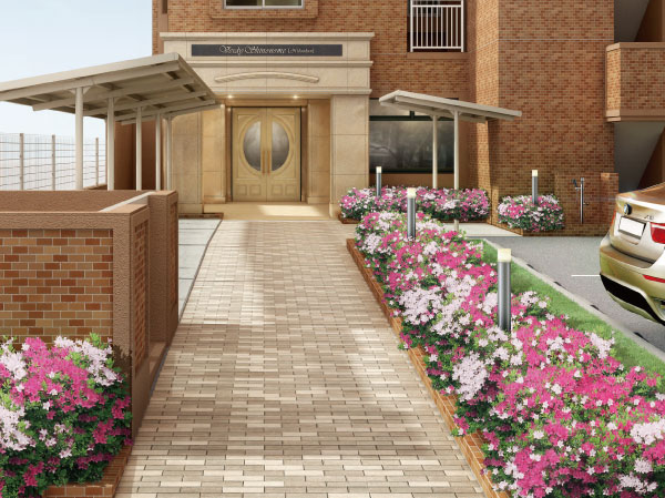 Shared facilities.  [Entrance approach around Rendering] The outer wall of the two-tone that lend a strikingly impressive look stylish molding. Accompanied by vivid color of planting the approach of interlocking finish, To produce a flow line leading to the My Home in the excitement of design.