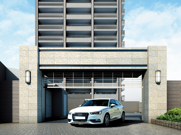 Features of the building.  [Mansion feeling and high crime prevention ・ Security shutter in the parking lot] Installing a good security shutter to the safety and security of the car dedicated entrance. It can be opened and closed by remote control one, It supports a comfortable car life. (Car Private Entrance Rendering)