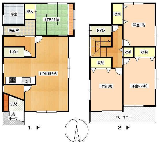 Floor plan. 30,800,000 yen, 4LDK, Land area 100.34 sq m , Building area 93.95 sq m 1F: 15.5LDK 5.25 sum Wash bathroom Toilet 2F: 6.75 Hiroshi 6 Hiroshi 6 Hiroshi toilet