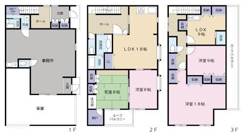 Floor plan. 55,800,000 yen, 4LLDDKK, Land area 124.54 sq m , Building area 240.23 sq m 1F Dwelling ・ Office ・ You can take advantage of a variety of applications, such as warehouse 2F LDK18 Pledge, Western-style 8 pledgeese-style room 8 quires, bathroom 3F LDK9 Pledge, Western-style 18 Pledge, Western-style 9 Pledge, bathroom