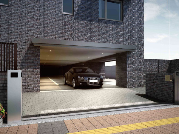 Shared facilities.  [Parking Rendering] The main entrance provided in a building east, Parking gate design to building west. Equipped with a chain gate to the parking lot entrance, Improve crime prevention is ※ Parking NO1, NO20 except