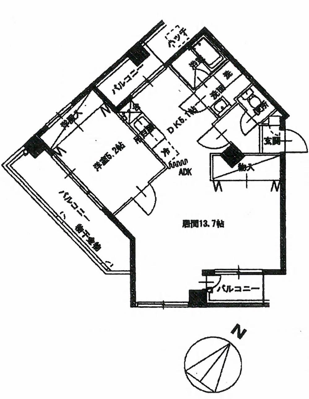 Floor plan. 1LDK, Price 12.3 million yen, Occupied area 51.84 sq m , Balcony area 14.8 sq m current state priority