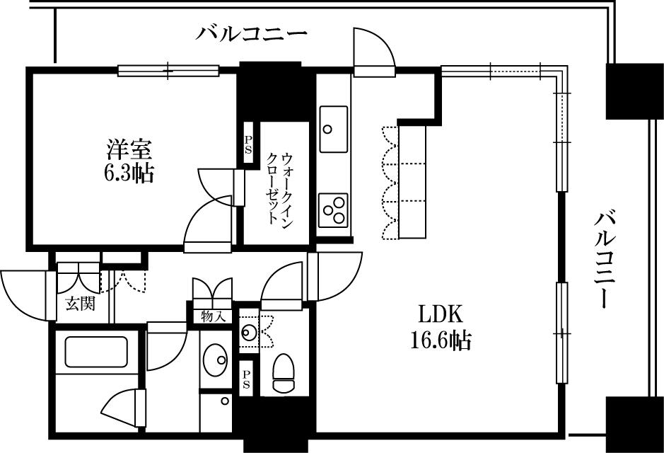 Floor plan. 1LDK, Price 32,800,000 yen, Occupied area 56.13 sq m , Balcony area 21.39 sq m
