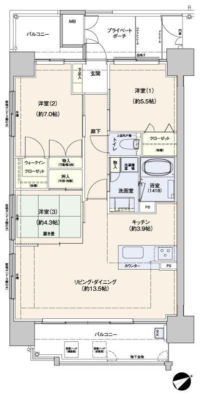 Room and equipment. Model room being published in the local building. Model room dwelling unit sale! illumination ・ curtain ・ Deals with a living room air conditioning. 100% angle dwelling unit of one floor 2 House. With private porch, You could live in single-family feeling. Since hanging sliding door, Sound towards the floor below even without having to worry about, Cleaning is also happy to. (B type 3LDK Occupied area / 76.02 sq m  Balcony area / 14.04 sq m )