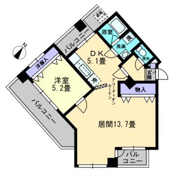 Floor plan. 1LDK, Price 12.3 million yen, Occupied area 51.84 sq m , The balcony area 14.8 sq m 2LDK was floor plan changed to 1LDK. Three sides is a bright room on the balcony.