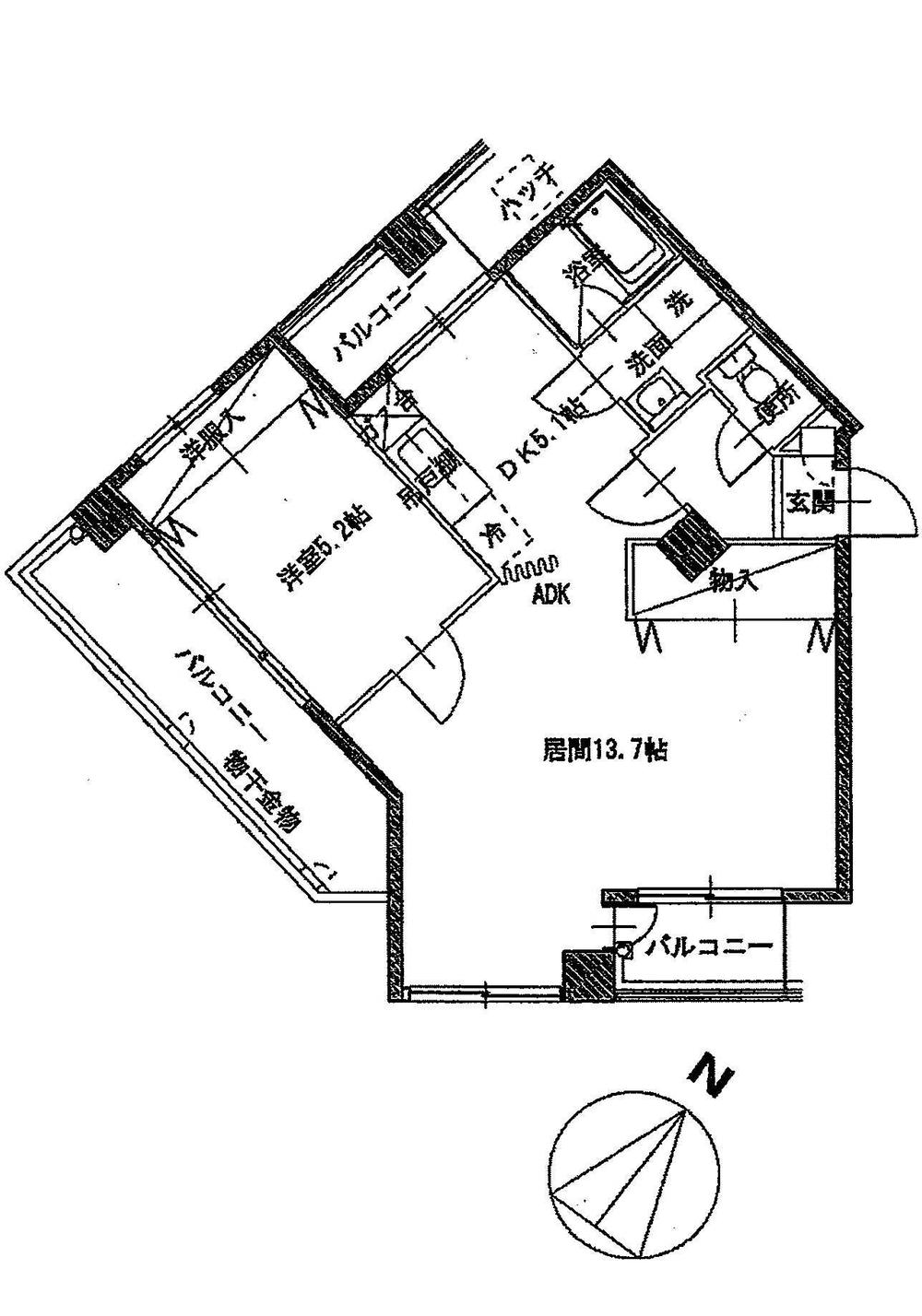 Floor plan. 1DK, Price 12.3 million yen, Occupied area 51.84 sq m , Balcony area 14.8 sq m 5.1DK 13.7L 5.2 Hiroshi