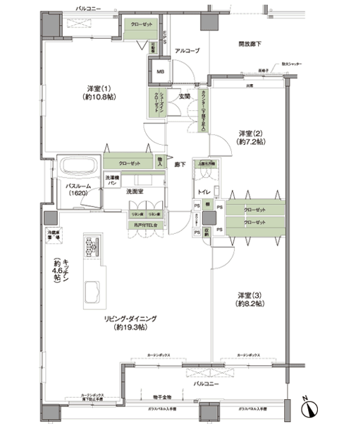 Room and equipment. f type (17 ~ 19F) ・ 3LDK Occupied area: 107.09 sq m , Balcony area: 10.9 sq m , Alcove area: 3.97 sq m