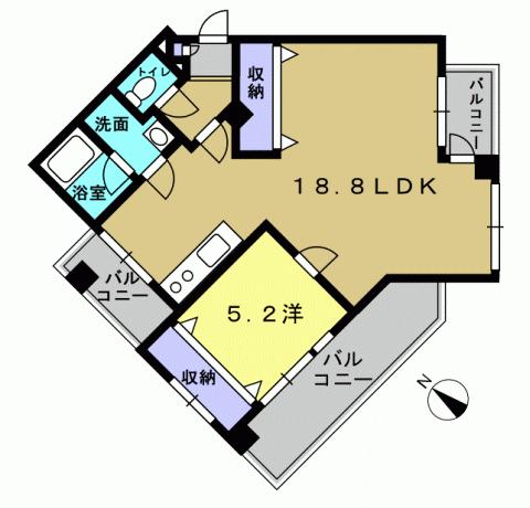Floor plan. 1LDK, Price 12.3 million yen, Occupied area 51.84 sq m , Balcony area 14.8 sq m 1LDK