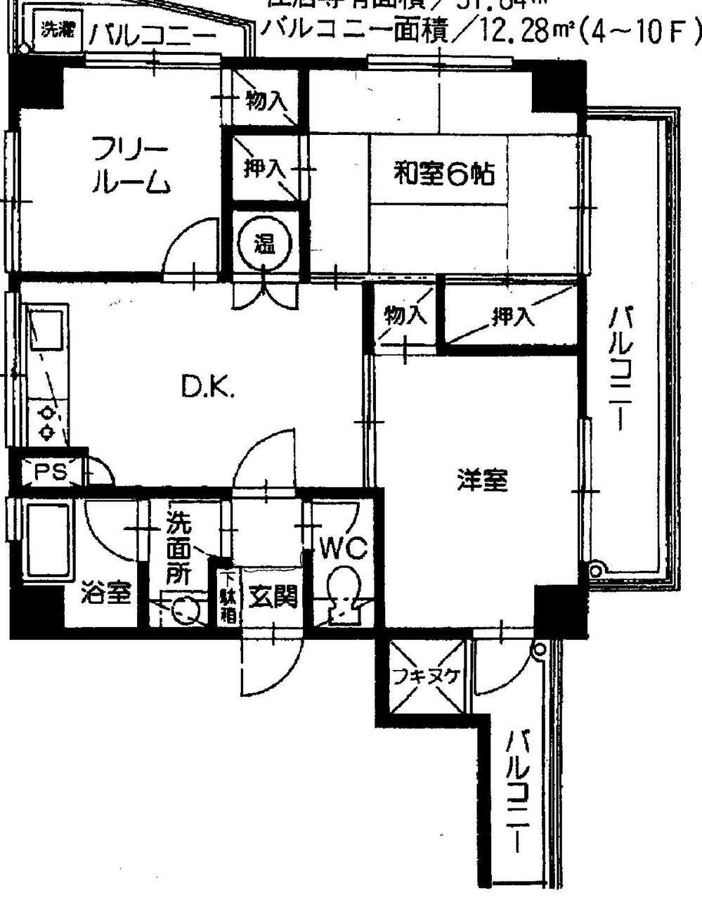 Floor plan. 2LDK, Price 13,880,000 yen, Occupied area 51.84 sq m , Balcony area 12.28 sq m