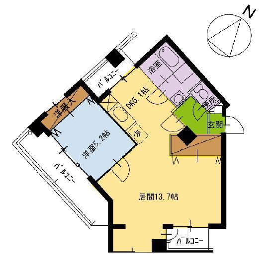 Floor plan. 1LDK, Price 12.3 million yen, Occupied area 51.84 sq m , Room renovated from the balcony area 14.8 sq m 2DK to 1LDK. Also well-ventilated is also excellent per yang in the three-sided balcony.