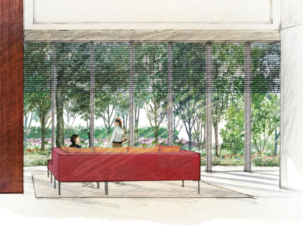 Shared facilities.  [Private View] Healed in green, As you and the living feel the four seasons, Prepare the entrance approach going missing between the green. Glass wall from the impressive Owner's Lounge, You can face the natural beauty of the season Garden. (Illustration overlooking the season garden than in a building ※ 1 ※ 3 ※ 4) ※ Rendering CG of the listed above, Illustrations which was raised to draw on the basis of all drawings, In fact a slightly different.